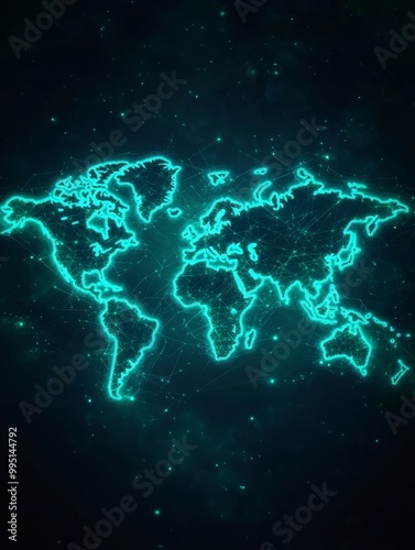 A neon-lit world map representing global connectivity and the modern digital world, showcasing continents, oceans, and interconnectedness.