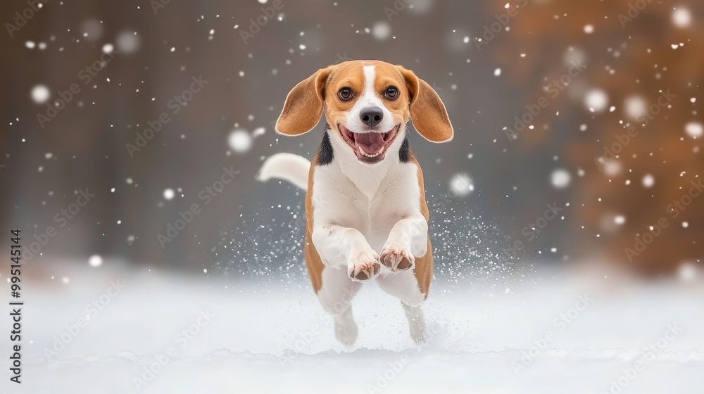 A playful beagle runs joyfully through falling snow, embodying energy, winter fun, pure happiness, dog love, and adorable pet antics. A playful beagle runs joyfully through falling snow, embodying energy, winter fun, pure happiness, dog love, and adorable pet antics.