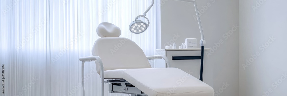 A pristine white treatment room in a modern dermatology and beauty clinic, featuring a comfortable examination chair, a bright examination light, and a clean, minimalist aesthetic. A pristine white treatment room in a modern dermatology and beauty clinic, featuring a comfortable examination chair, a bright examination light, and a clean, minimalist aesthetic.