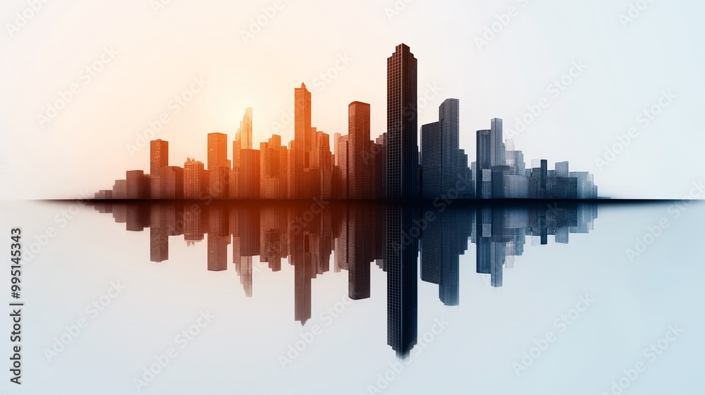 Fototapeta premium Urban skyline at sunset with reflection in water