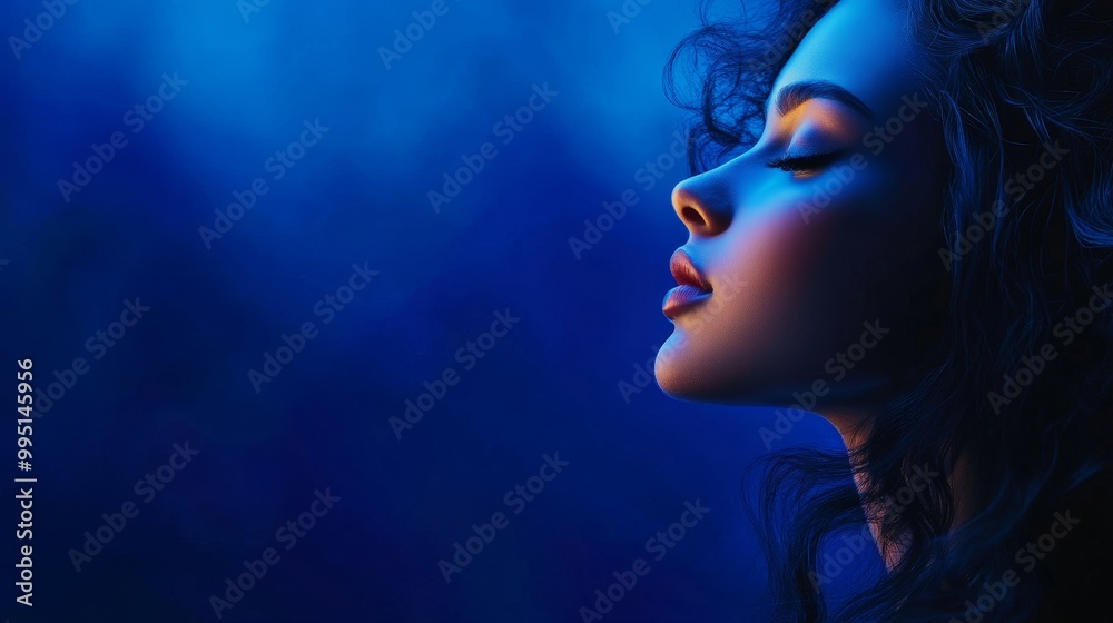 A serene portrait of a dreamy young woman with closed eyes bathed in blue light, symbolizing peace, tranquility, mystery, and hope. A serene portrait of a dreamy young woman with closed eyes bathed in blue light, symbolizing peace, tranquility, mystery, and hope.