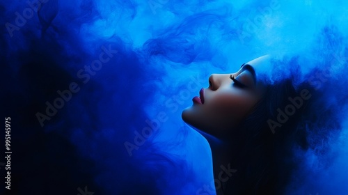 A serene portrait of a dreamy young woman in blue smoke, symbolizing tranquility, mystery, ethereal beauty, imagination, and wonder.