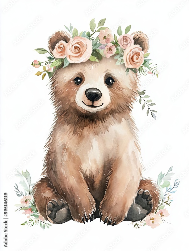 Adorable bear with a floral crown illustration Adorable bear with a floral crown illustration