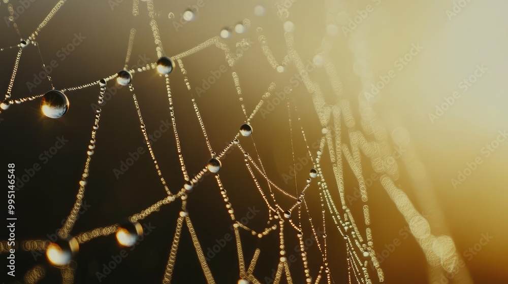A close-up of dewdrops on a spider web in the early morning A close-up of dewdrops on a spider web in the early morning