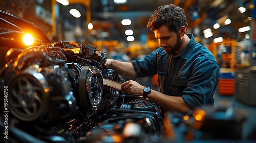 Mechanic adjusting a new fan belt in a car engine, with bright workshop lights highlighting the details of the engine components. The clean,