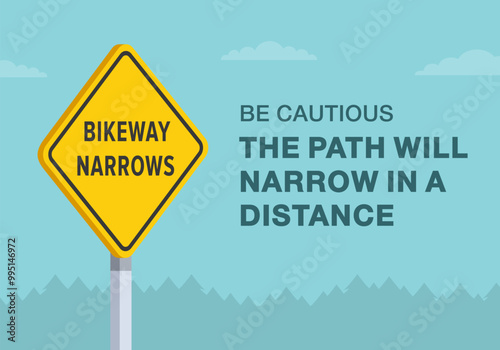 Safe driving tips and traffic regulation rules. Close-up of United States "bikeway narrows" sign meaning. The path will narrow in a distance. Flat vector illustration template.