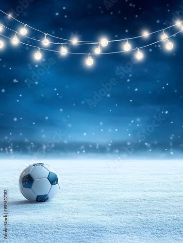 A snowy football field illuminated by festive lights, capturing the essence of winter sports, holiday cheer, and the anticipation of a game.