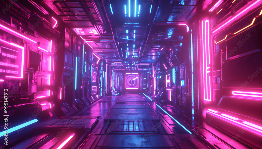 Bright, glowing neon signs in various shapes and colors, with a futuristic, cyberpunk-style backdrop Bright, glowing neon signs in various shapes and colors, with a futuristic, cyberpunk-style backdrop