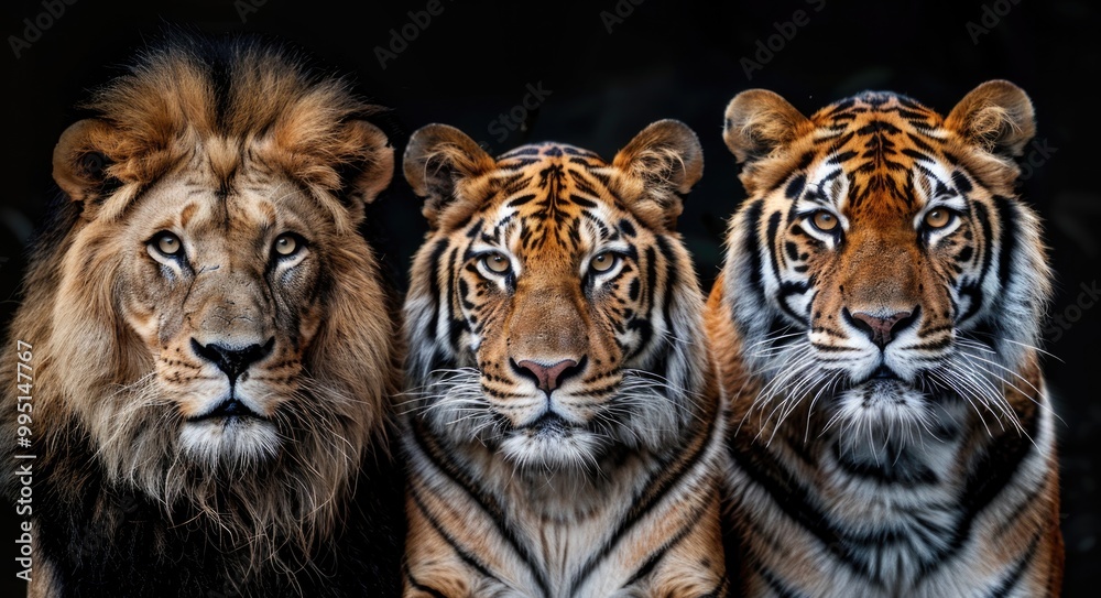 Big Cats: Adult Lion, Tiger and Spotted Leopard Together on Black Background Big Cats: Adult Lion, Tiger and Spotted Leopard Together on Black Background