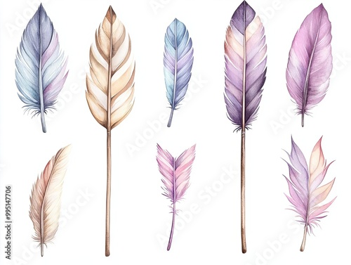 Elegant watercolor feathers in soft pastel hues