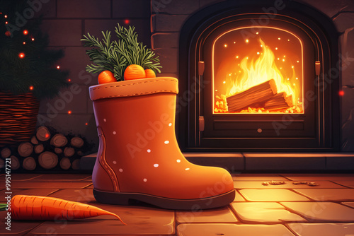 Childrens shoe and pepernoten. Illustrationfor Sinterklaas and carrot for horse treat stands in front of hot fireplace. Celebration concept for children party in Saint Nicolas day five december. photo