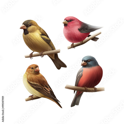 Four Colorful Birds Perched on Branches