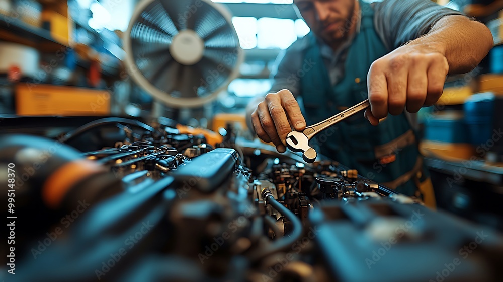 Mechanic deeply focused on adjusting engine timing in a car’s engine bay, holding a wrench with precision, surrounded by toolboxes and spare parts in a well-lit automotive shop. Mechanic deeply focused on adjusting engine timing in a car’s engine bay, holding a wrench with precision, surrounded by toolboxes and spare parts in a well-lit automotive shop.