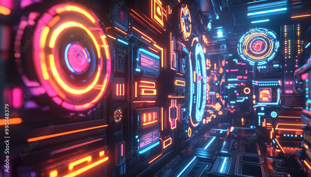 Bright, glowing neon signs in various shapes and colors, with a futuristic, cyberpunk-style backdrop Bright, glowing neon signs in various shapes and colors, with a futuristic, cyberpunk-style backdrop