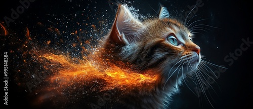 A kitten with a fiery trail behind it, looking up with an intense gaze.