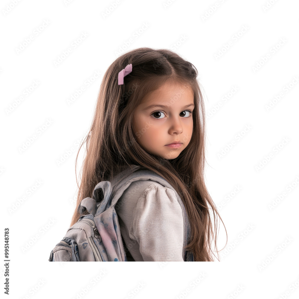Young girl with backpack looking over shoulder Young girl with backpack looking over shoulder