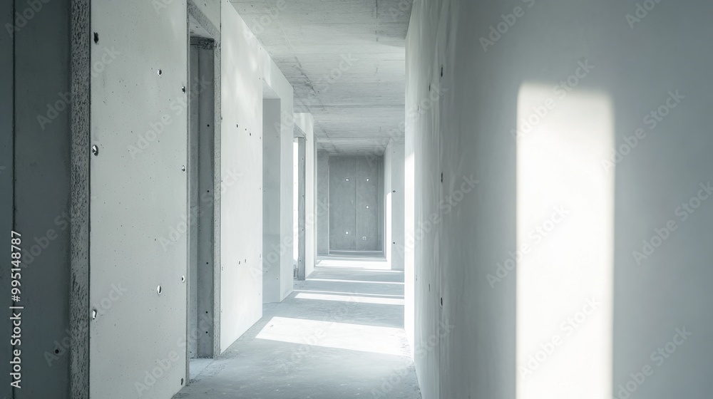 Close-up of smooth drywall surface in a newly constructed building showing the precision of the interior finishing process Close-up of smooth drywall surface in a newly constructed building showing the precision of the interior finishing process