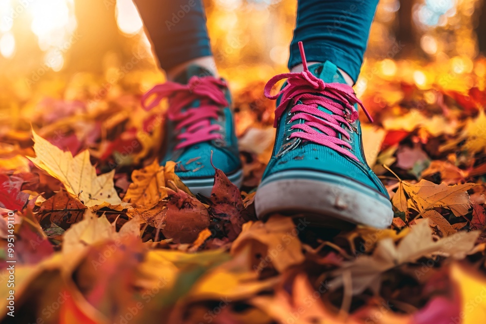 A vivid pair of shoes treads on a carpet of bright autumn leaves, embodying the spirit of fall exploration.