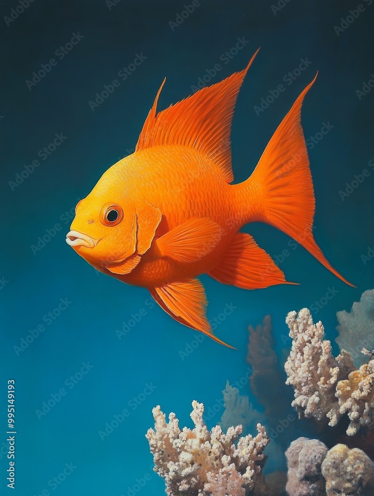 A vibrant orange fish swims gracefully through a coral reef, showcasing the beauty and diversity of marine life. The fish's bright colors contrast beautifully with the surrounding coral, creating a st A vibrant orange fish swims gracefully through a coral reef, showcasing the beauty and diversity of marine life. The fish's bright colors contrast beautifully with the surrounding coral, creating a st
