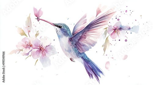 Elegant hummingbird feeding on pink blossoms