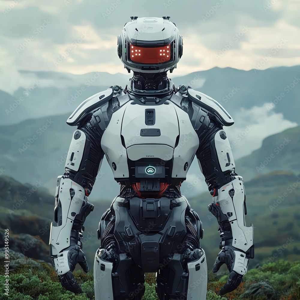 A futuristic robot stands in a lush landscape, showcasing advanced technology against a dramatic mountainous backdrop. A futuristic robot stands in a lush landscape, showcasing advanced technology against a dramatic mountainous backdrop.