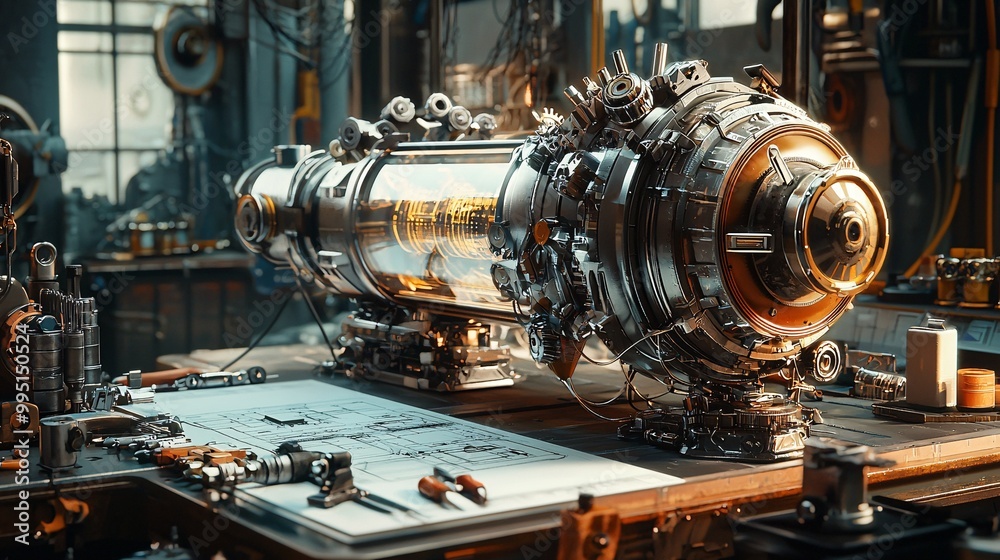 A sleek, metallic destruction device brimming with complex mechanisms is nestled among tools and schematics in a cluttered workshop. A sleek, metallic destruction device brimming with complex mechanisms is nestled among tools and schematics in a cluttered workshop.
