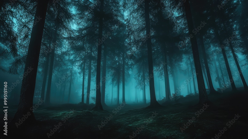 Obraz premium A dark, foggy forest where the trees glow softly in the dark, casting eerie shadows on the ground