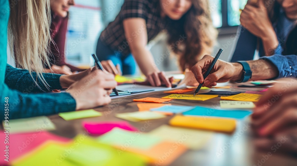 A lively creative studio buzzes with a diverse group collaborating around a contemporary table adorned with bright sticky notes. A lively creative studio buzzes with a diverse group collaborating around a contemporary table adorned with bright sticky notes.