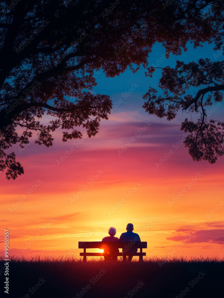 An elderly couple sits on a bench under a tree, watching the sunset together. The image symbolizes love, companionship, peace, and the beauty of nature. An elderly couple sits on a bench under a tree, watching the sunset together. The image symbolizes love, companionship, peace, and the beauty of nature.