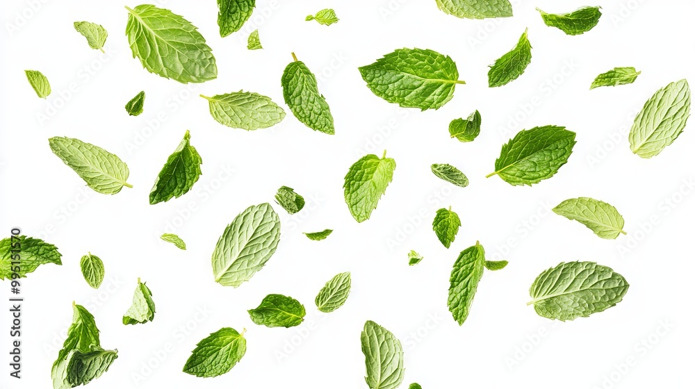 Falling mint leaves isolated on white background Falling mint leaves isolated on white background
