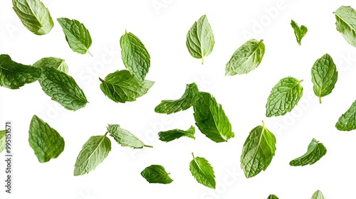 Falling mint leaves isolated on white background