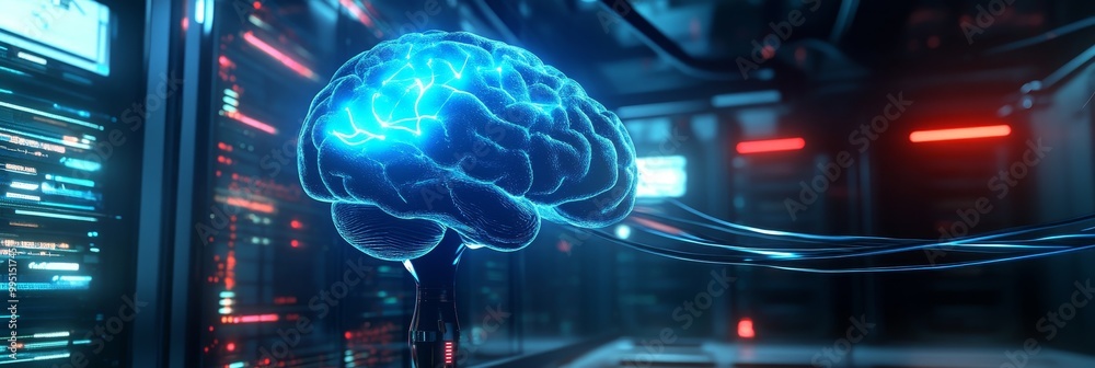 Fototapeta premium Artificial Intelligence: The Future of Computing - A digital brain, representing the power of AI, emerges from a server room, showcasing the future of technology and its impact on computing.