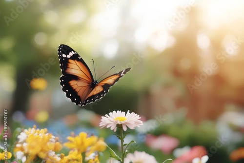 A butterfly landing on a flower in the community garden. The vibrant ecosystem attracts beneficial insects