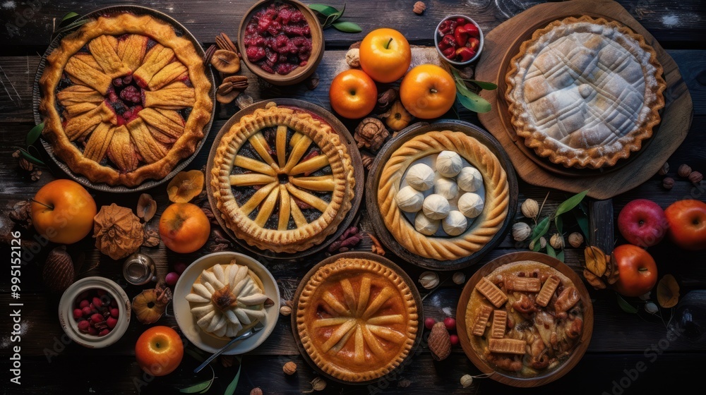 Assortment of Homemade Apple Pies with Autumnal Accents