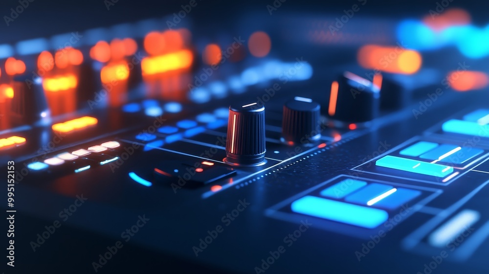 Close-up of a music mixer with colorful lights, showcasing the intricate details of the controls and buttons. The vibrant colors and sleek design evoke a sense of creativity, energy, and the thrill of Close-up of a music mixer with colorful lights, showcasing the intricate details of the controls and buttons. The vibrant colors and sleek design evoke a sense of creativity, energy, and the thrill of
