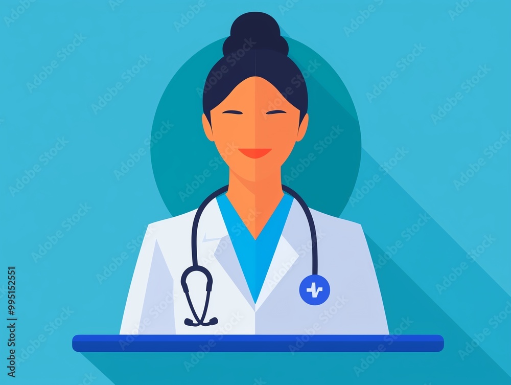 A friendly female doctor in a white coat with a stethoscope, set against a blue background, representing healthcare and professionalism. A friendly female doctor in a white coat with a stethoscope, set against a blue background, representing healthcare and professionalism.