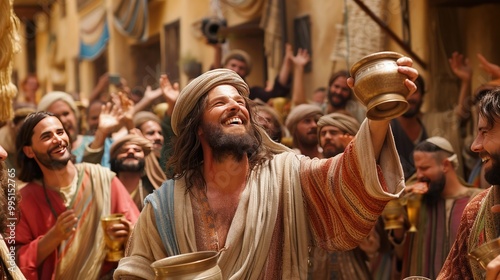 A lively scene of Jesus turning water into wine at the wedding at Cana