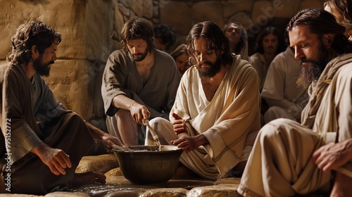 A poignant moment of Jesus washing the feet of his disciples