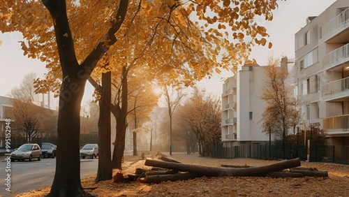 The fall season in the city with no people and seen some houses in the frame in golden hour, realistic photo taken around in the afternoon.