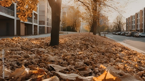 The fall season in the city with no people and seen some houses in the frame in golden hour, realistic photo taken around in the afternoon.