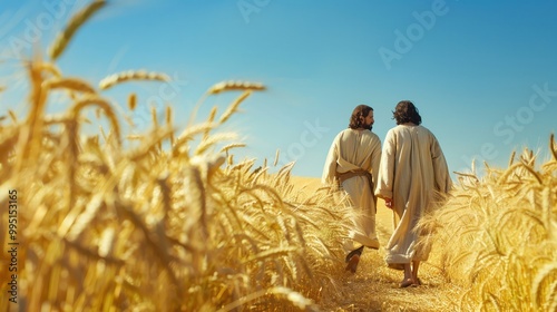 Jesus and Peter walking through a grain field touching the heads of wheat