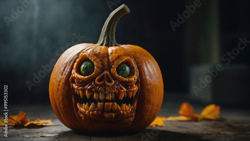 Halloween pumpkin with scary zombie face photo