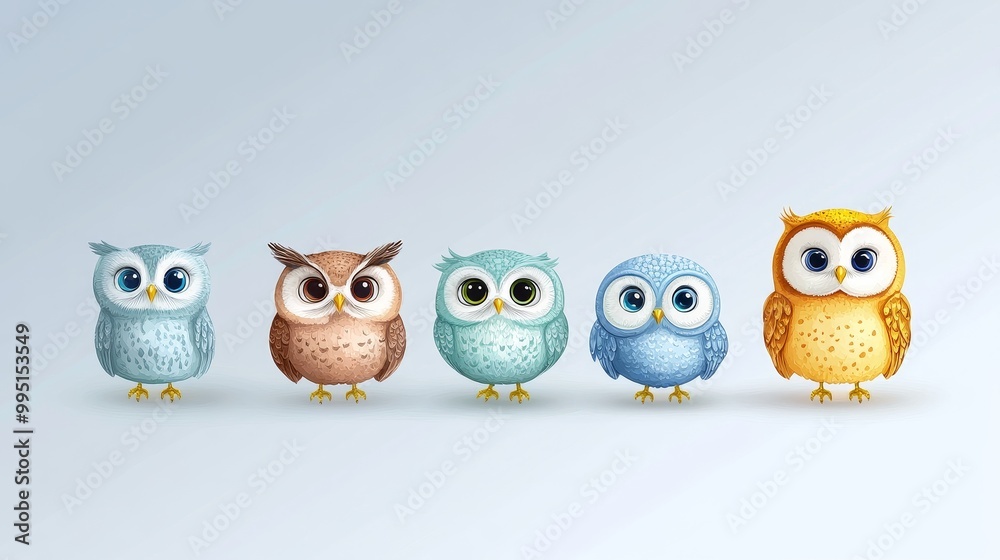 Fototapeta premium Five cute cartoon owls, each in a different color, with big eyes and friendly expressions. These adorable birds are perfect for children's illustrations, educational materials, or any project that nee