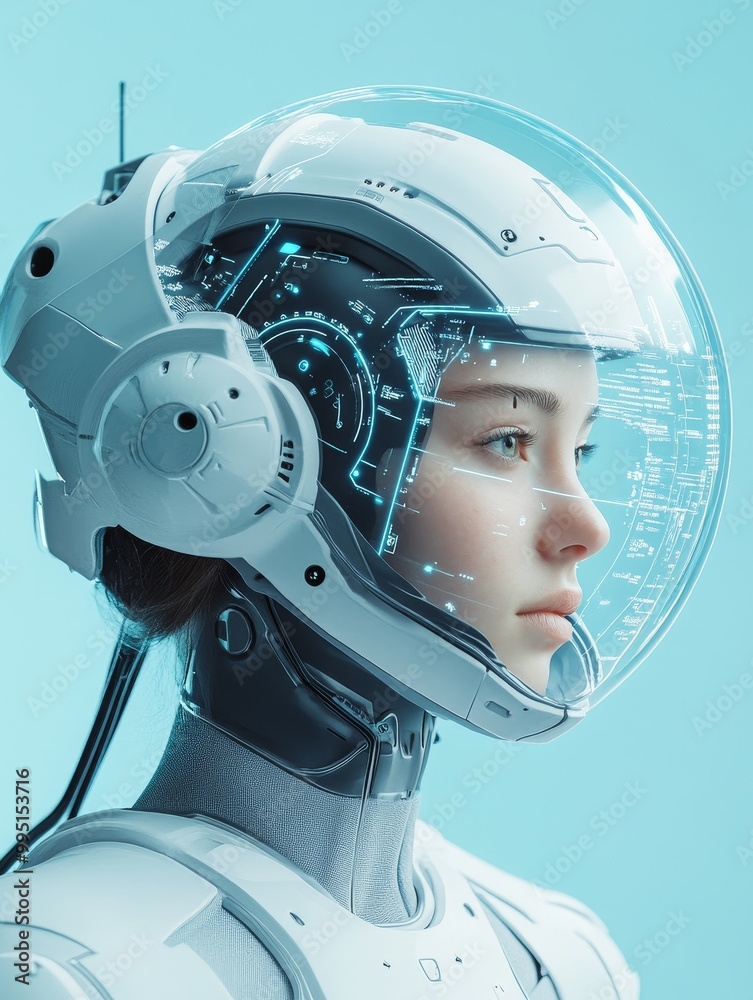Fototapeta premium Futuristic Android Woman in a High-Tech Helmet, symbolizing artificial intelligence, technology, the future, space exploration, and human evolution.