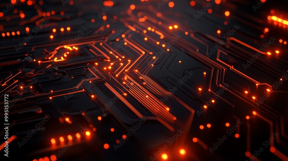 Futuristic Circuit Board with Bright Orange Lights, representing innovation, technology, connection, data flow, and digital future. Futuristic Circuit Board with Bright Orange Lights, representing innovation, technology, connection, data flow, and digital future.