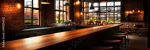 Industrial Loft Bar with Exposed Brick and Warm Lighting, a modern bar with a rustic feel, featuring a long wooden bar, exposed brick walls, and warm lighting.