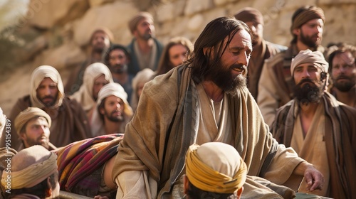 Jesus healing a paralyzed man lowered through a roof