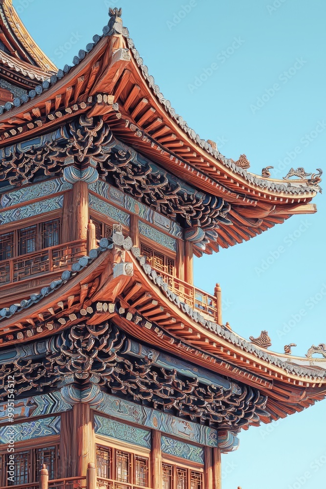Traditional Chinese wooden pagoda, hyper-realistic style, detailed wooden structure, intricate carvings, layered flying eaves, rich historical texture, ancient wood colors, clear blue sky, majestic an Traditional Chinese wooden pagoda, hyper-realistic style, detailed wooden structure, intricate carvings, layered flying eaves, rich historical texture, ancient wood colors, clear blue sky, majestic an