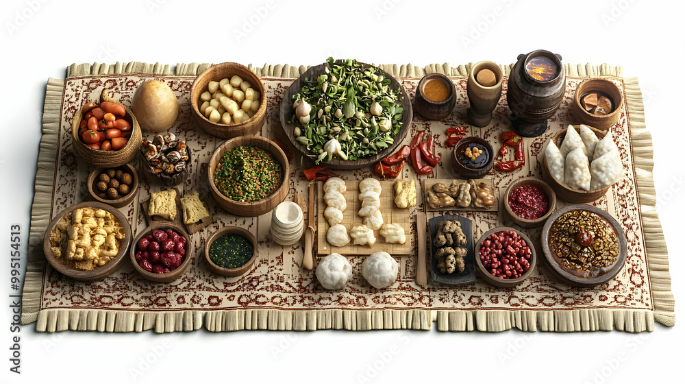 3D Icon of Haft Seen Table Arrangement: Family Member's Hands Carefully Placing Traditional Items on a White Background 3D Icon of Haft Seen Table Arrangement: Family Member's Hands Carefully Placing Traditional Items on a White Background