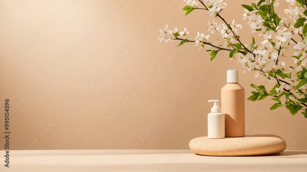 Minimalist branding and packaging presentation featuring two bottles on a stone with a blooming branch symbolizing purity, nature, simplicity, elegance and freshness. Minimalist branding and packaging presentation featuring two bottles on a stone with a blooming branch symbolizing purity, nature, simplicity, elegance and freshness.